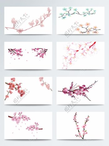 中国风水墨水彩樱花树枝素材