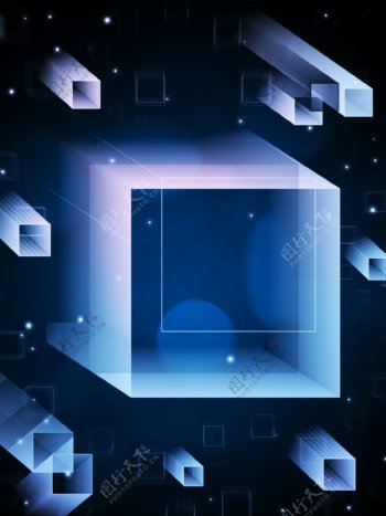 原创时尚紫色蓝色渐变立方体几何科技风背景