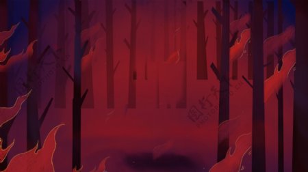 红色卡通树林背景设计