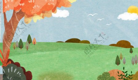 彩绘秋季树林草地背景素材