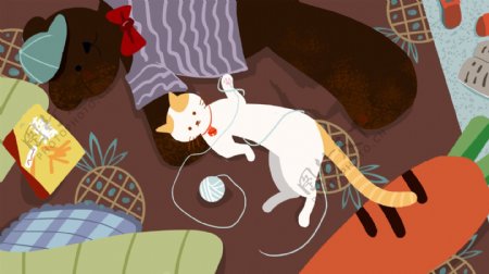 客厅里玩毛线团的白色小猫卡通背景