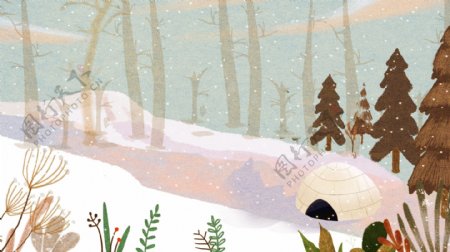 唯美冬季树林插画背景图片