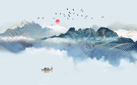 新中式禅意抽象线纹山水背景墙