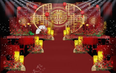 红金色中国风中式婚礼舞台效果图