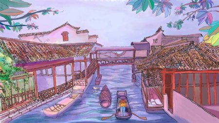 中国古镇建筑卡通背景