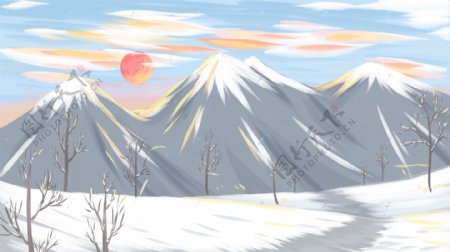 冬季雪山夕阳背景素材
