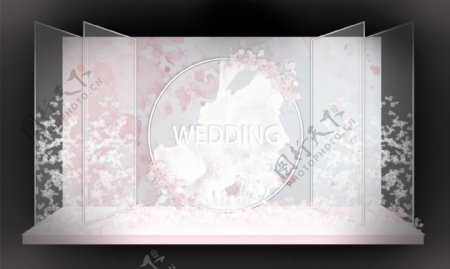 清新简约粉白色透明材质婚礼留影区
