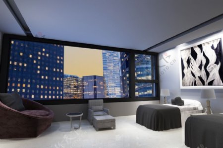 商务酒店标准双人间冷色调卧室3d效果图