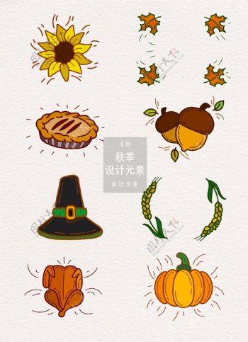 手绘秋季感恩节装饰图案设计素材