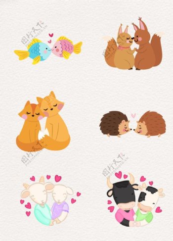 扁平化可爱设计卡通动物爱情