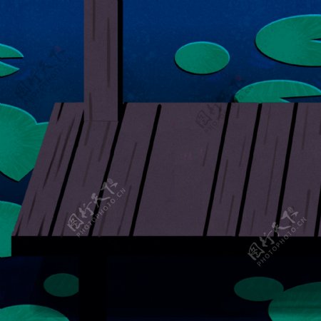 荷叶池塘里的黑色木屋卡通背景