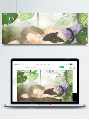 地板上睡觉的美丽女孩和猫绿色植物玻璃背景