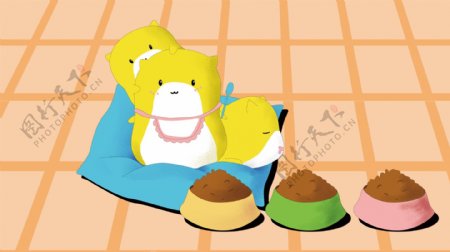 黄色地板上的宠物小动物和食物卡通背景