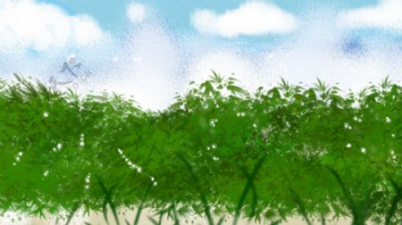绿色青翠树木蓝天卡通背景