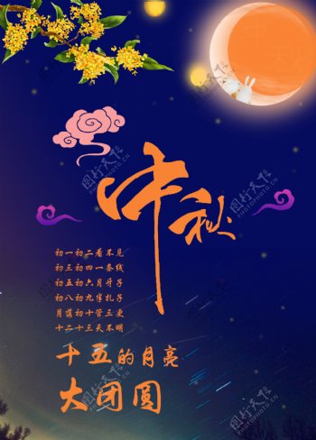 传统节日中秋节团圆蓝色海报设计素材