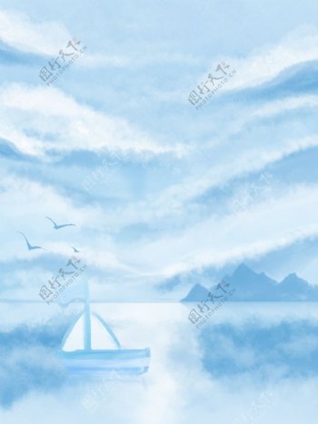 全原创手绘蓝天白云海洋海边背景