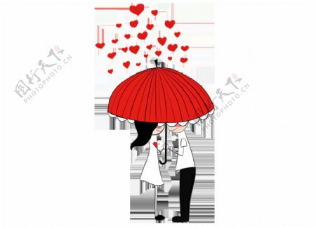 卡通红伞下爱心情侣png元素