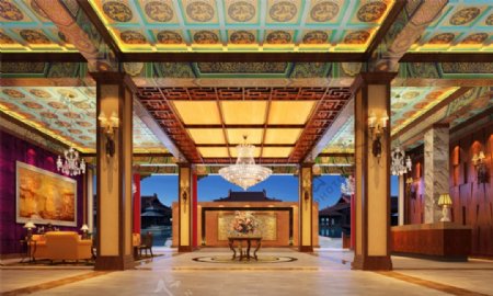 中式皇家风格酒店大堂3D模型