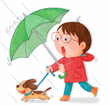 雨中男孩水彩手绘插图6
