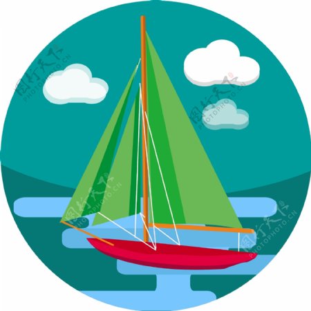 精美海中航行帆船卡通扁平设计元素