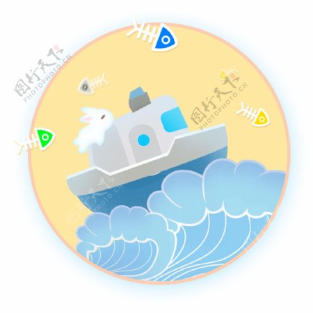 中秋节玉兔轮船海浪梦幻旅行可爱圆形图标