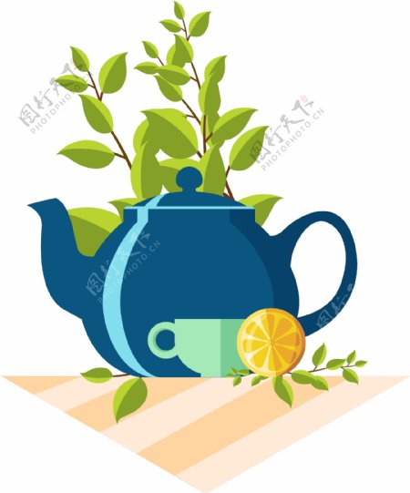 矢量蓝色茶壶与柠檬