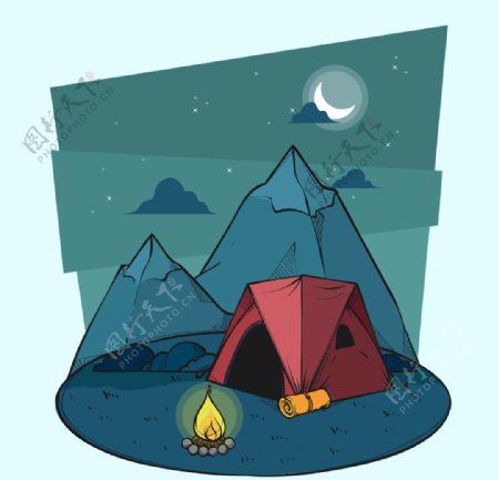 手绘夜里在山丘边搭帐篷篝火插画