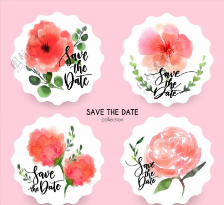 4款水彩绘红色花卉婚礼标签