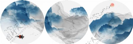 新中式意境抽象山水风景三联画