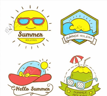 4款彩绘可爱夏季假期标签矢量图