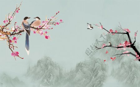 中式手绘梅花工笔花鸟背景墙