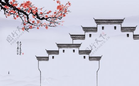 新中式水墨山水徽派建筑背景墙