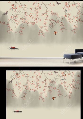 新中式手绘工笔花鸟电视客厅背景