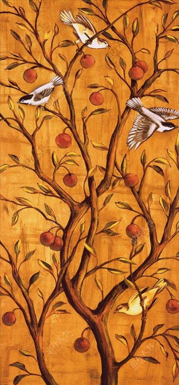 树枝果实小鸟装饰画