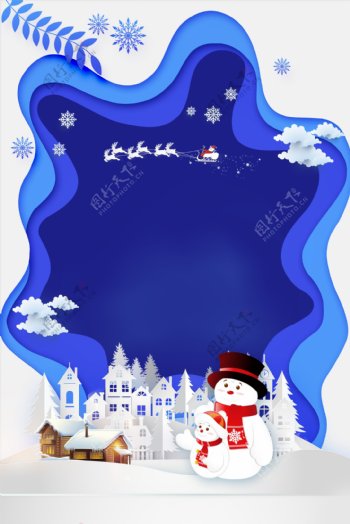 蓝色剪纸风冬天圣诞节背景