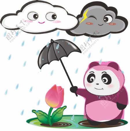 手绘简笔卡通白云下雨熊猫为花儿打伞元素