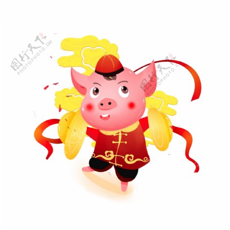 新年立体猪卡通猪IP猪年敲锣跳舞祥云喜庆