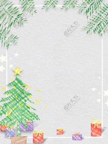 纯原创手绘小清新蜡笔画线条圣诞树卡通背景