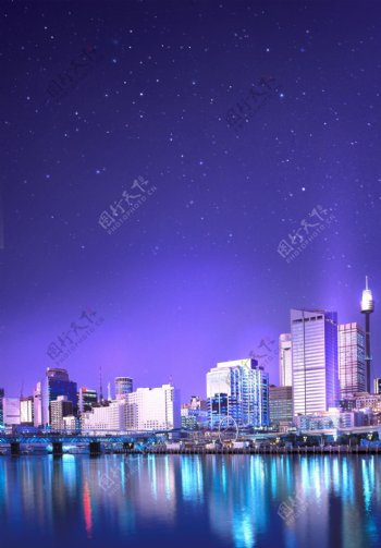 唯美紫色渐变城市夜空海报背景素材