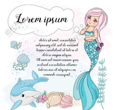 卡通美人鱼海豚和海螺