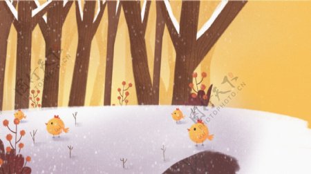 冬天雪地树林背景卡通设计
