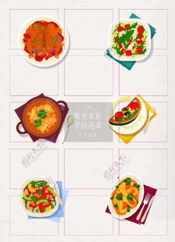 中西餐美食彩绘素材设计