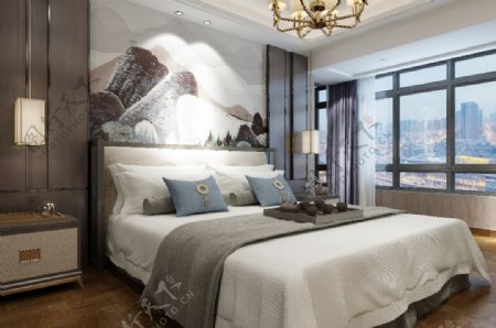 新中式风格温馨卧室效果图