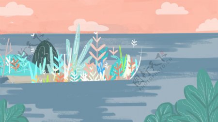 小清新插画大海植物背景设计