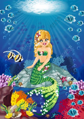 手绘可爱卡通美人鱼海底世界插画
