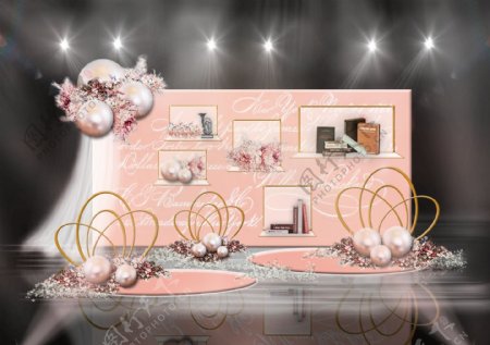 粉色珍珠英文书信背景金框玻璃婚礼效果图