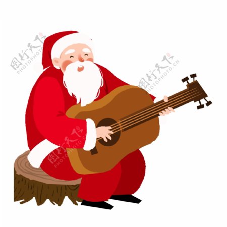 卡通圣诞节坐在树桩上弹吉他的圣诞老人