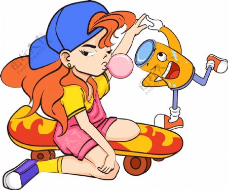 滑板女孩和卡通罐装饮料小人