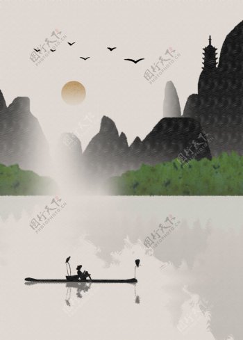 新中式桂林山水打渔船湖泊山水装饰画