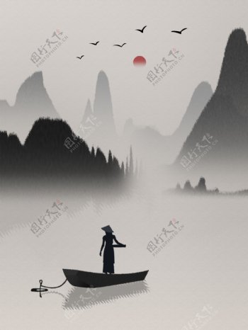 中式桂林山水打渔船山水装饰画